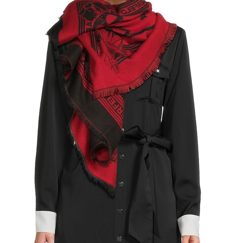 Karl Lagerfeld Women's Red Logo Fringe Scarf Oversized